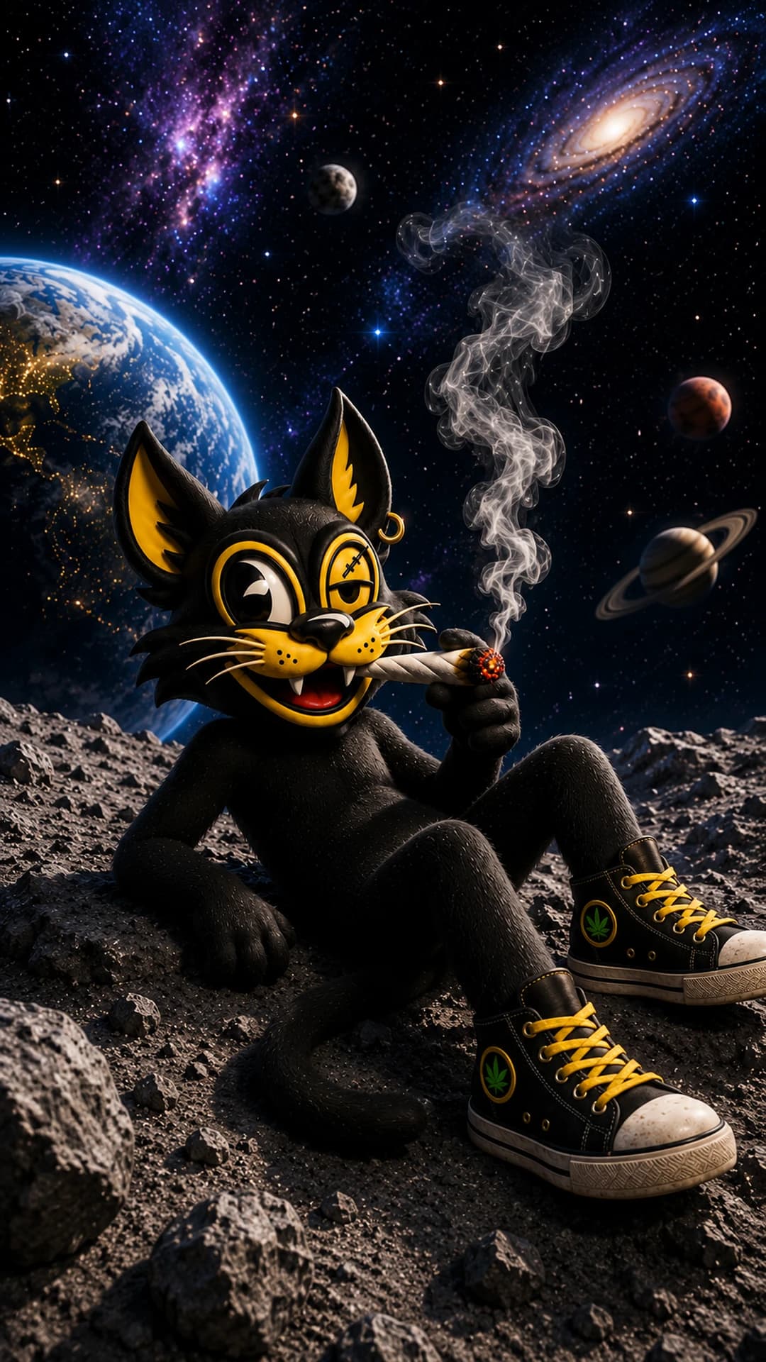 Mascota de Club Weed Madrid fumando en la luna